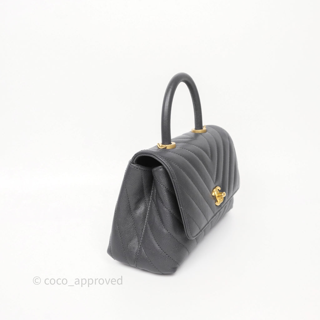 Chanel Small Coco Handle Chevron Dark Grey Caviar Aged Gold Hardware