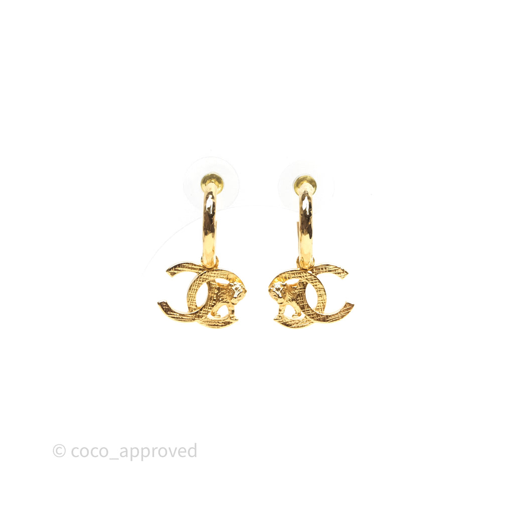 Chanel Lion CC Hoop Earrings Gold Tone 22A