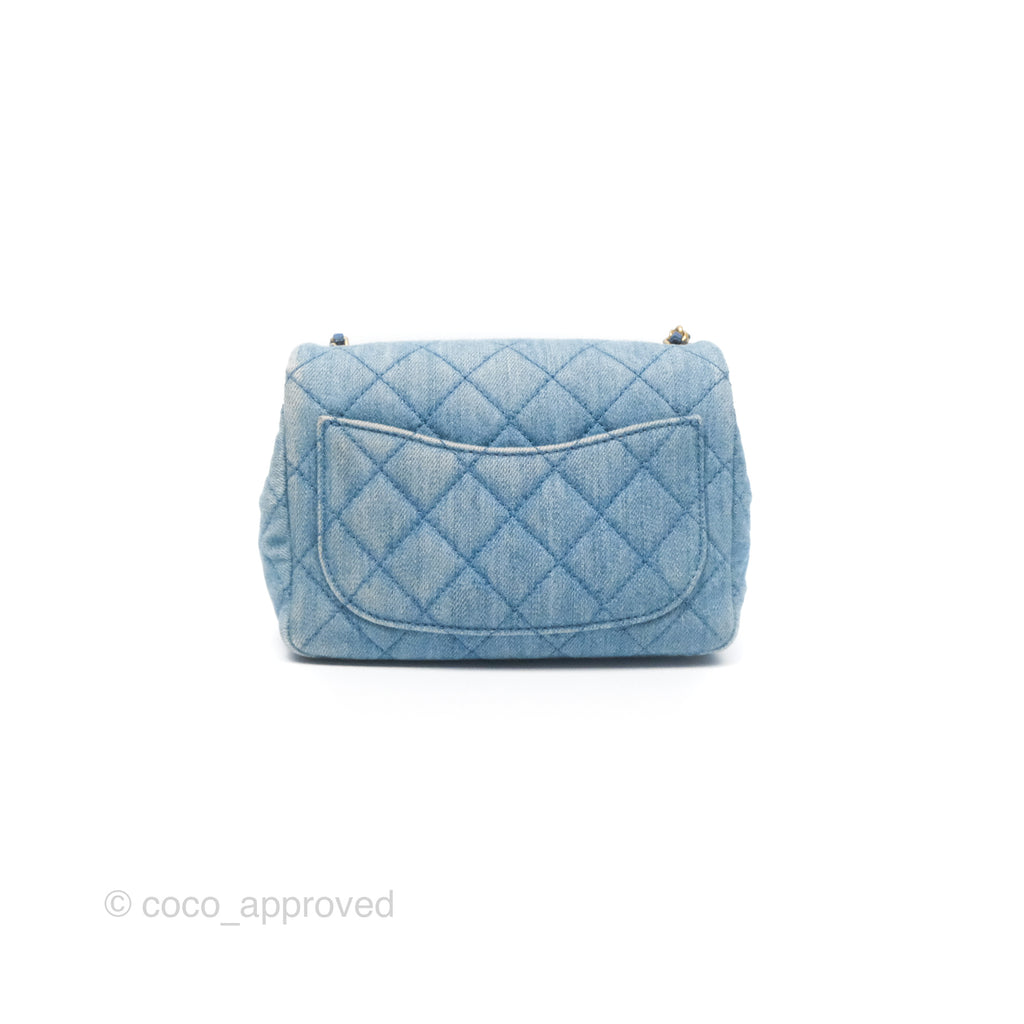 Chanel Mini Square Pearl Crush Quilted Denim Aged Gold Hardware