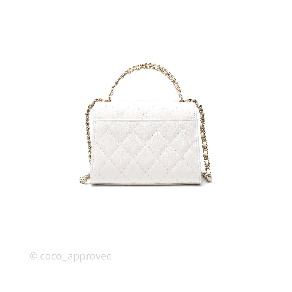 Chanel Small Top Handle Clutch with Chain White Caviar Light Gold Hardware 23P