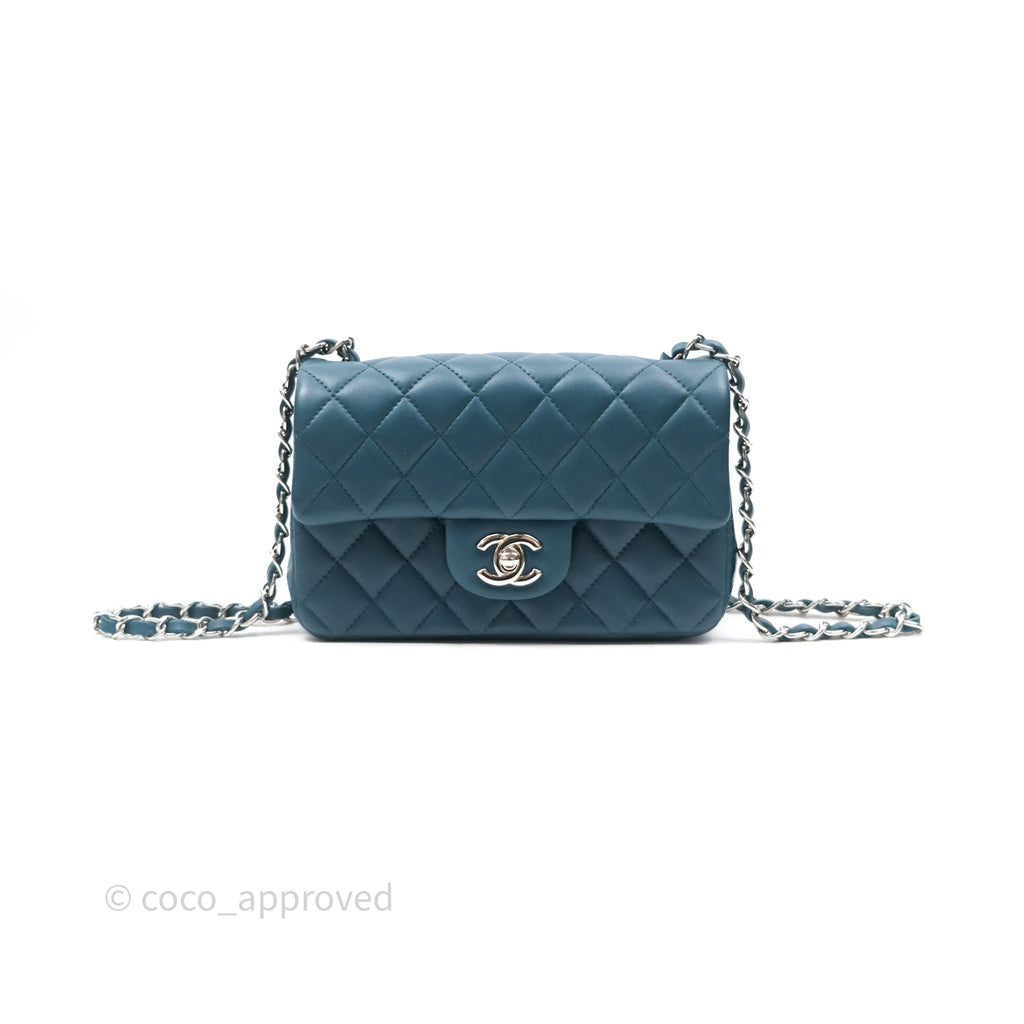 Chanel Quilted Mini Rectangular Flap Teal Green Lambskin Silver Hardware