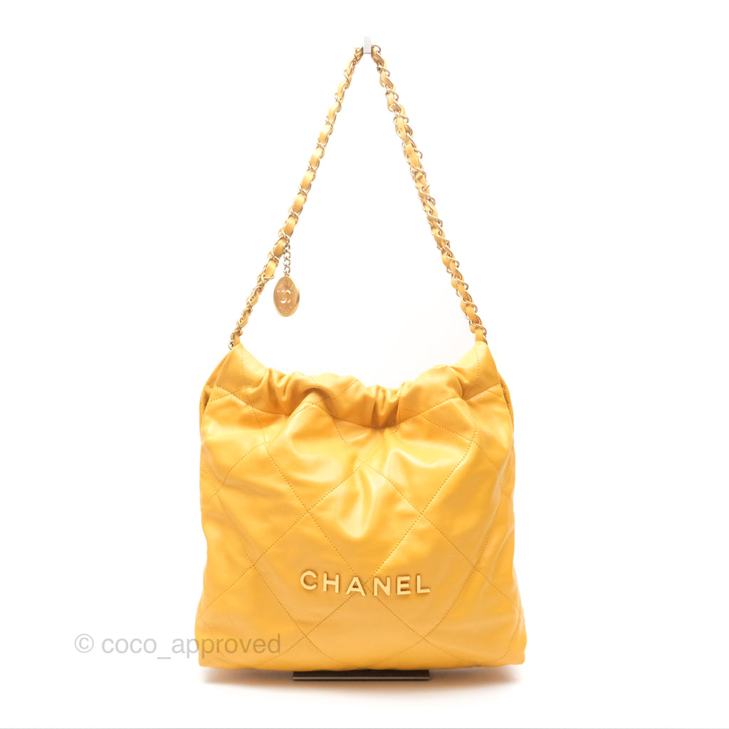 Chanel 22 Small Mustard Yellow Shiny Aged Calfskin Aged Gold Hardware