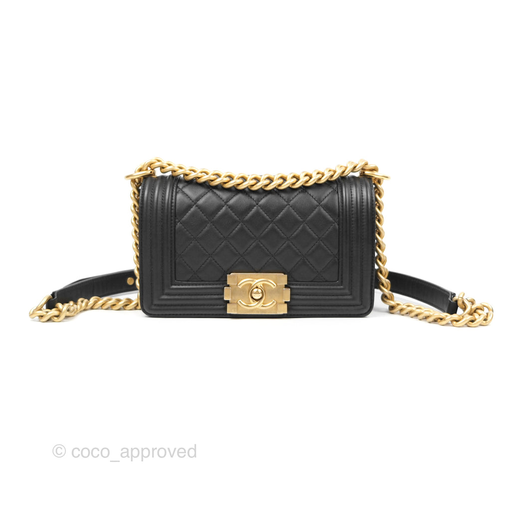 Chanel Small Boy Quilted Black Calfskin Aged Gold Hardware