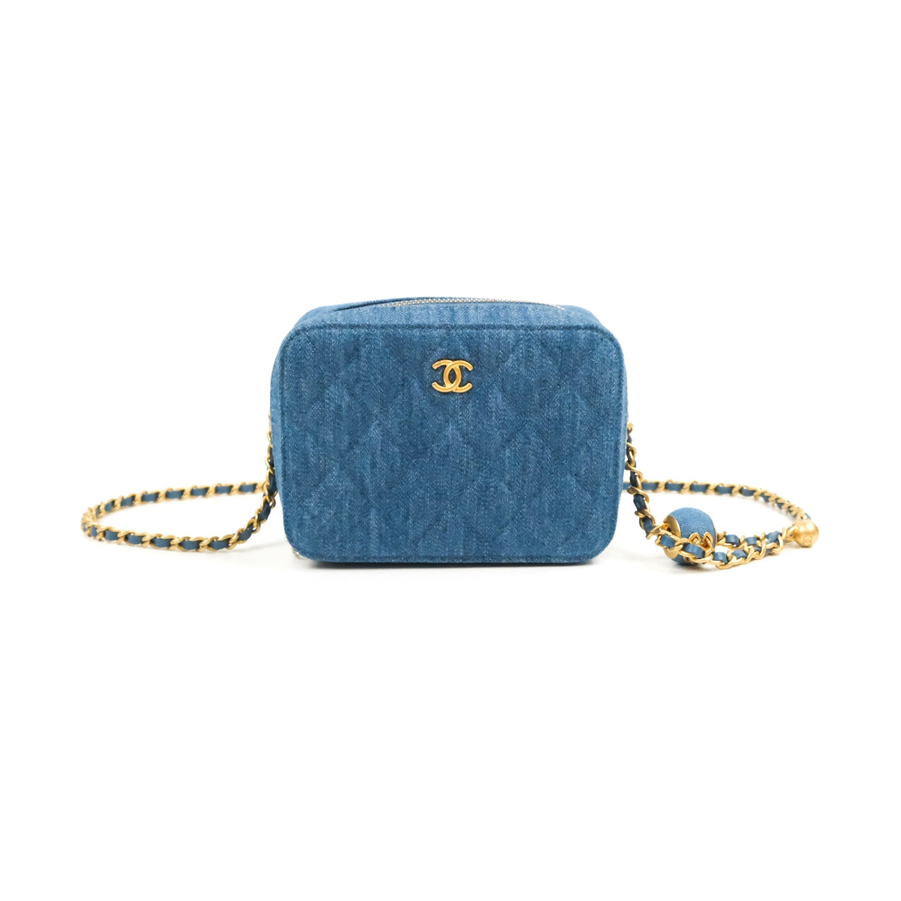 Chanel Quilted Pearl Crush Round Clutch With Chain Denim Aged Gold