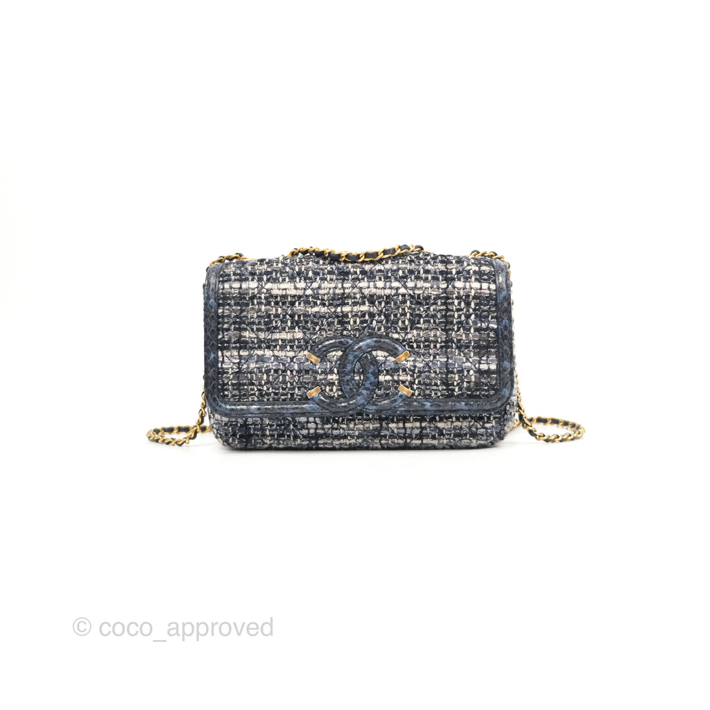 Chanel Quilted Small CC Filigree Flap Navy Tweed Python 18S