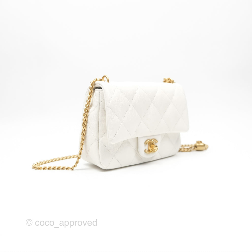 Chanel Mini Flap Bag Heart Adjustable Chain White Caviar Aged Gold Hardware