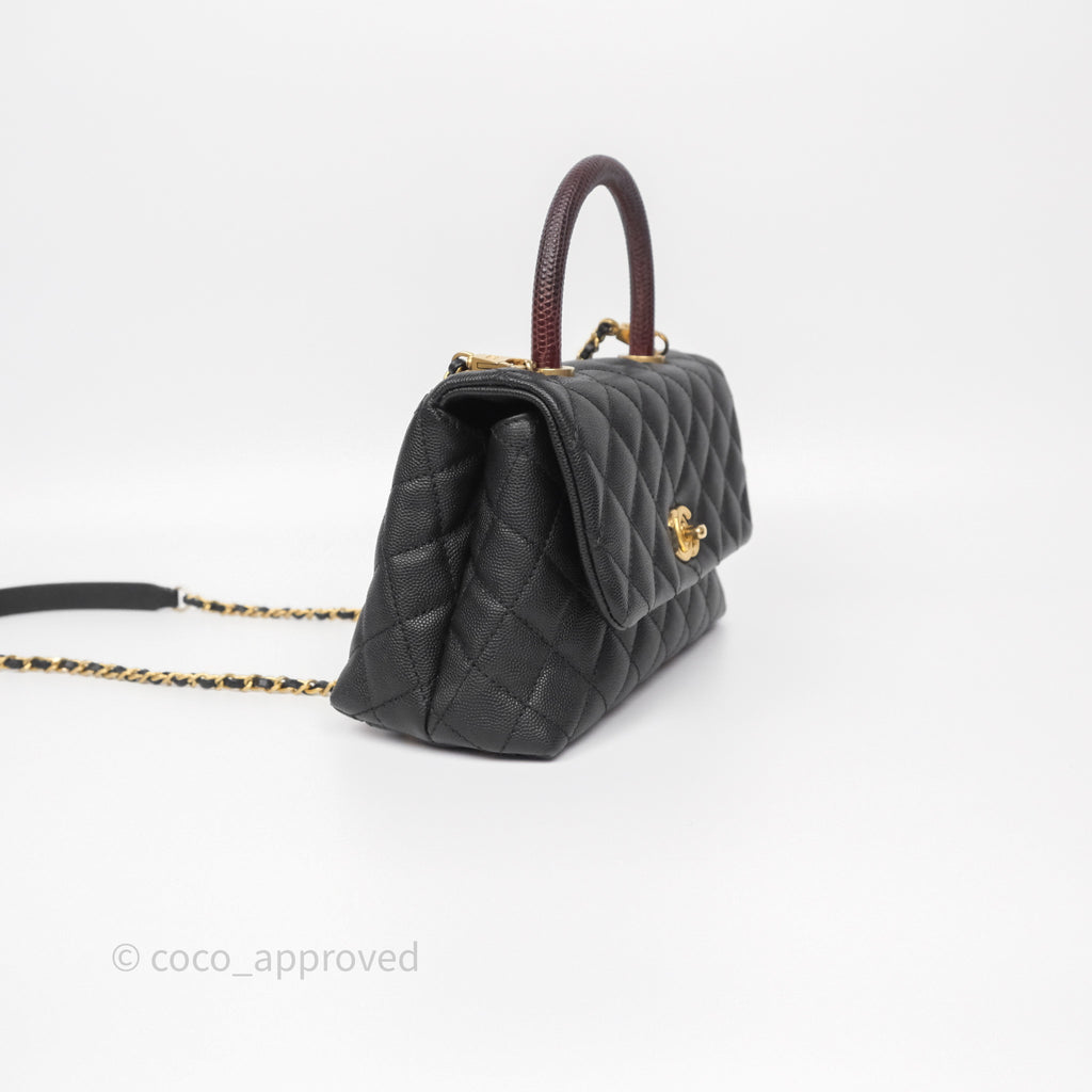 Chanel Small Coco Handle Black Caviar Gold Hardware Lizard Embossed Handle