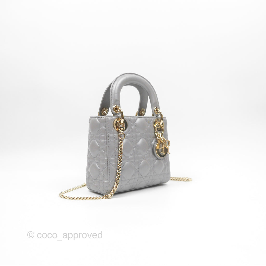 Christian Dior Lambskin Cannage Mini Lady Dior Grey Gold Hardware