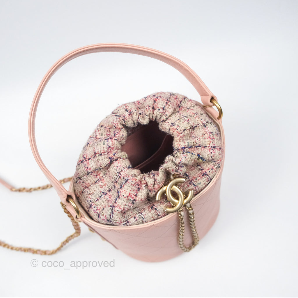 Chanel Quilted Top Handle Drawstring Bucket Bag Calfskin Tweed Pink Aged Gold Hardware