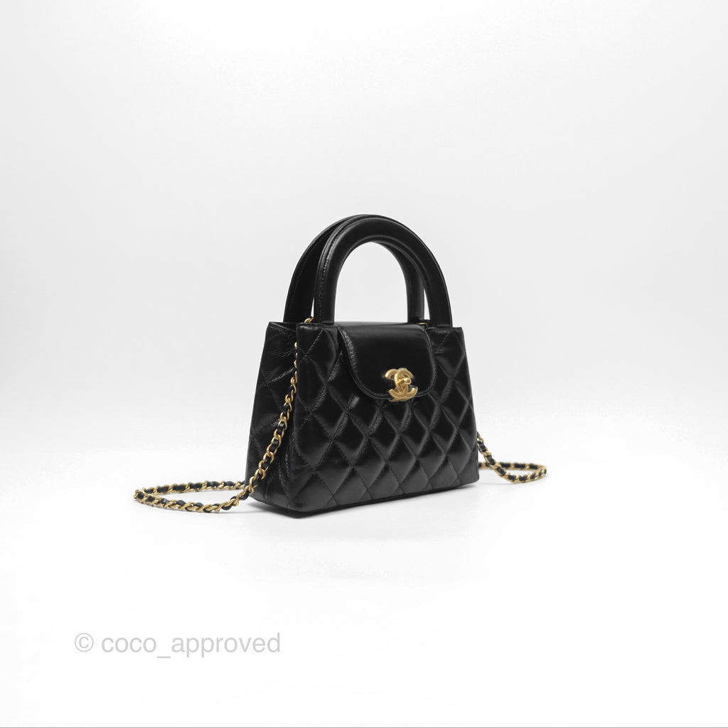 Chanel Kelly Bag Quilted Black Shiny Calfskin Aged Gold Hardware