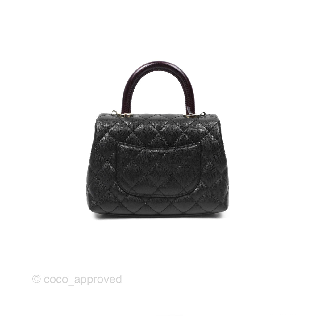 Chanel Mini Coco Handle Quilted Black Caviar Lizard Embossed Handle Gold Hardware