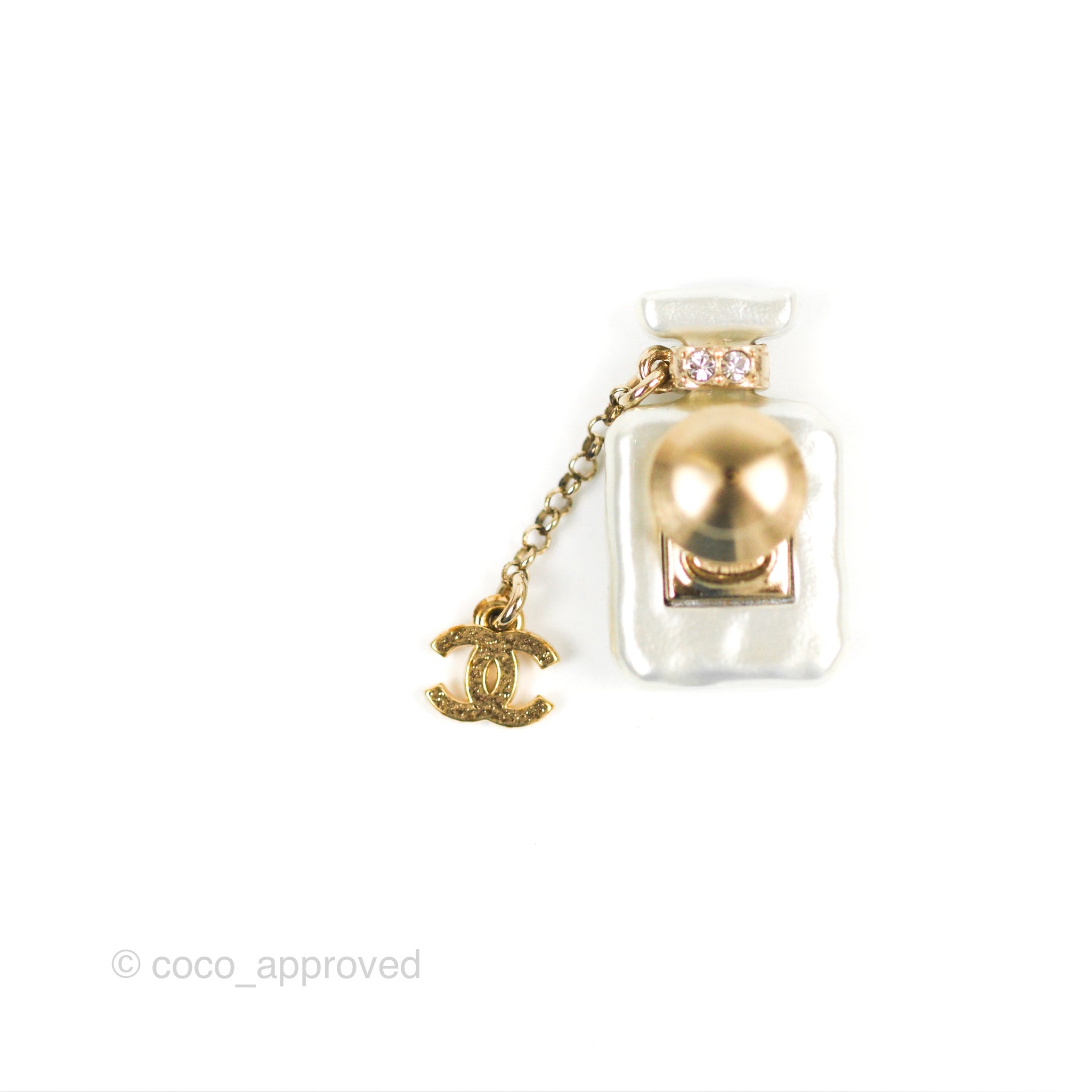 Chanel No5 Perfume Bottle Pearl Pin Brooch Gold Tone 22S
