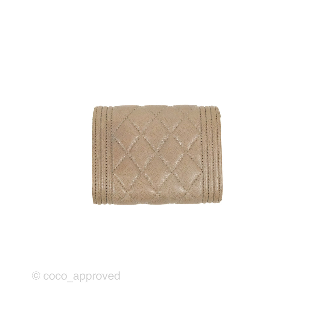 Chanel Quilted Boy Flap Card Holder Taupe Grey Caviar Aged Gold Hardware