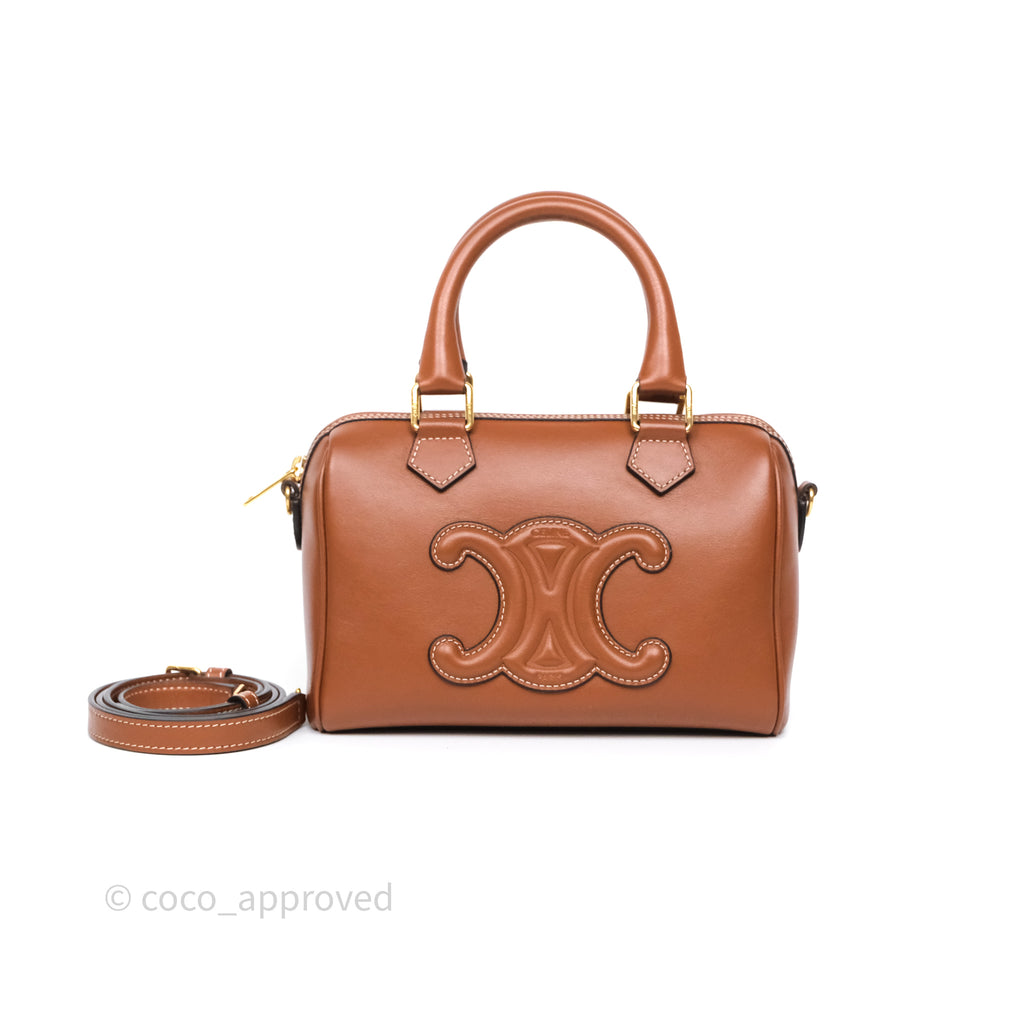 Celine Small Boston Bag Tan Calfskin Gold Hardware