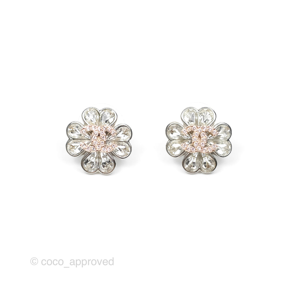 Chanel CC Crystal Lucky 4-Leaf Clovers Earrings Silver Tone 23S