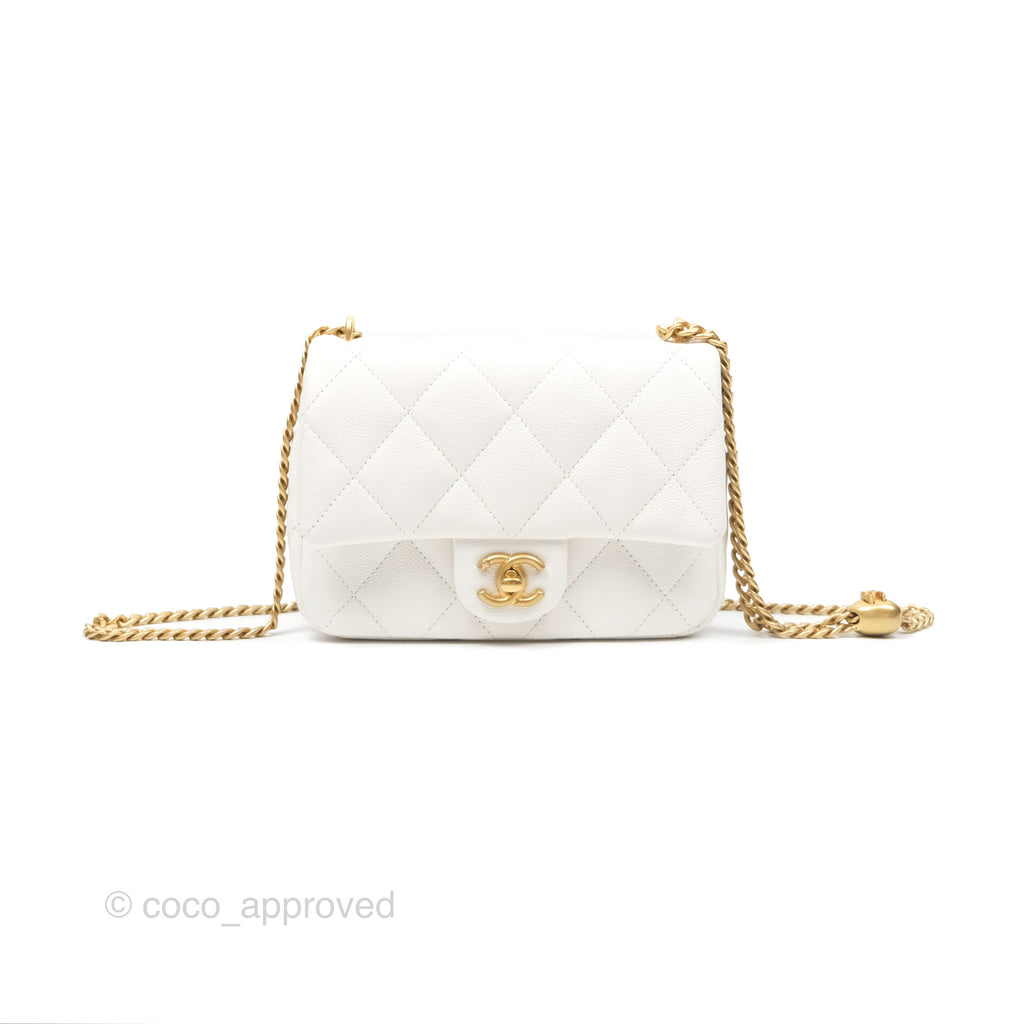 Chanel Mini Flap Bag Heart Adjustable Chain White Caviar Aged Gold Hardware