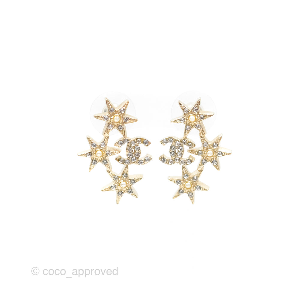 Chanel Crystal CC Star Earrings Gold Tone 15A