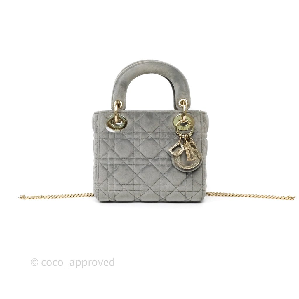 Dior Mini Lady Dior Grey Velvet Cannage Crystal Charms Gold Hardware