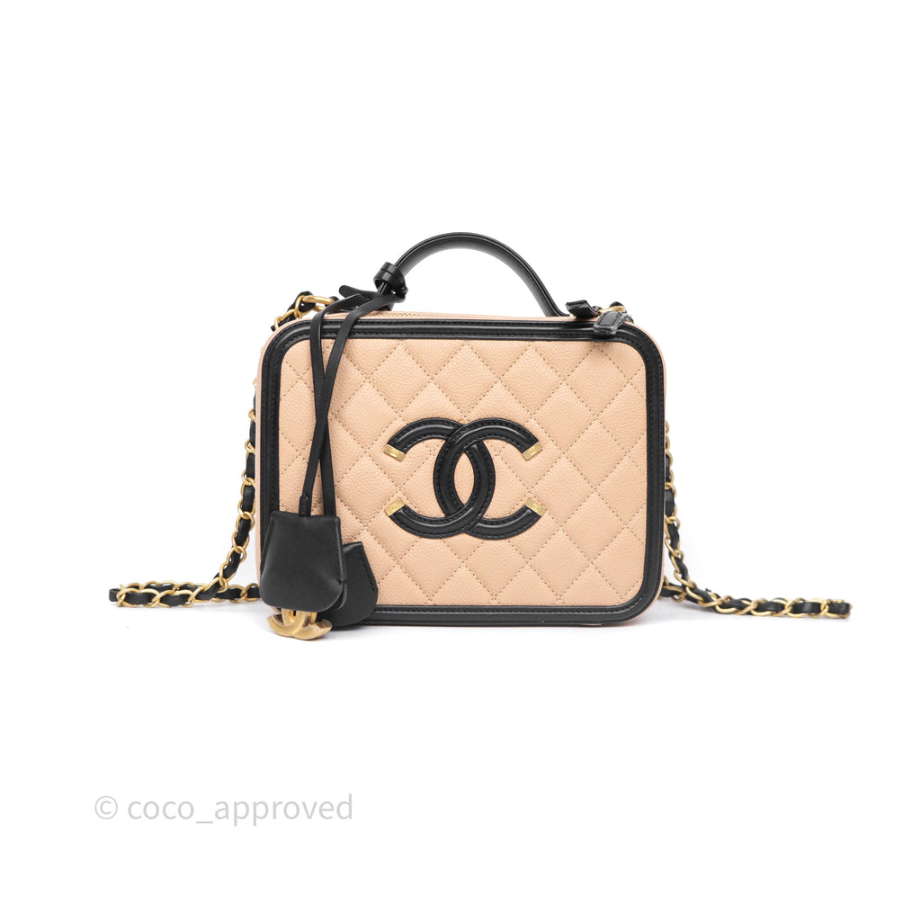 Chanel Quilted Medium CC Filigree Vanity Case Beige Black Caviar Aged Gold Hardware