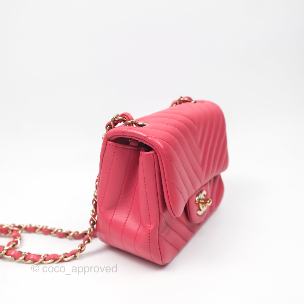 Chanel Mini Square Flap Chevron Dark Pink Lambskin Gold Hardware