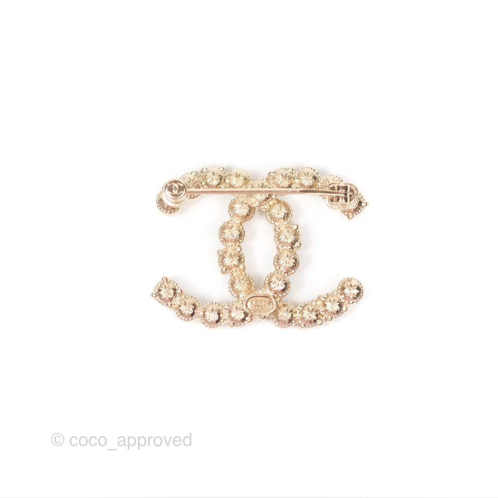 Chanel Pearl Pink Crystal CC Brooch Gold Tone 23C