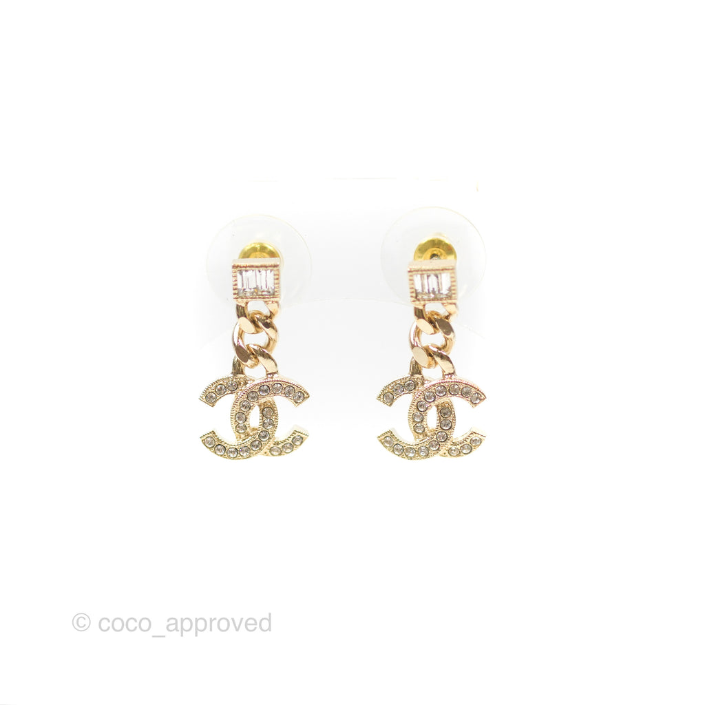 Chanel Chain CC Crystal Drop Earrings Gold Tone 23V