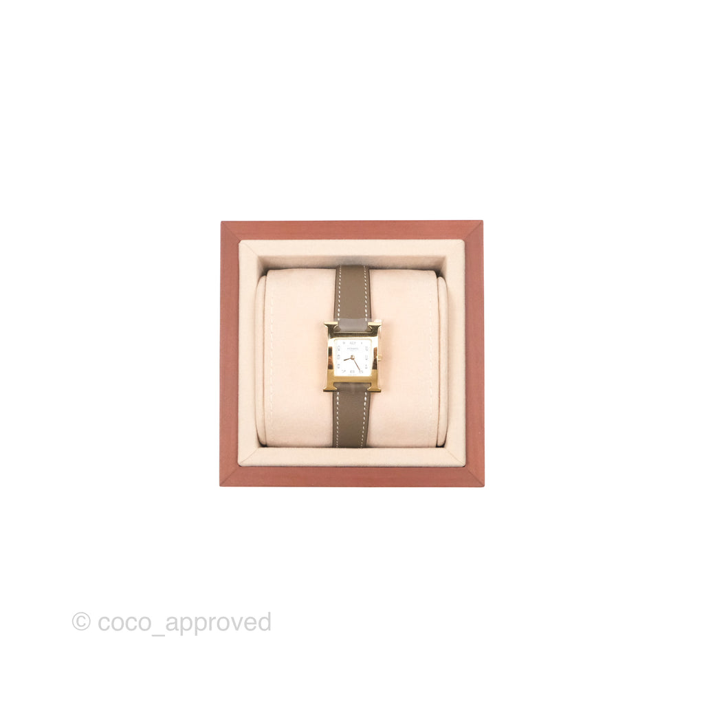 Hermes Heure H Watch Small Swift Etoupe Gold Hardware