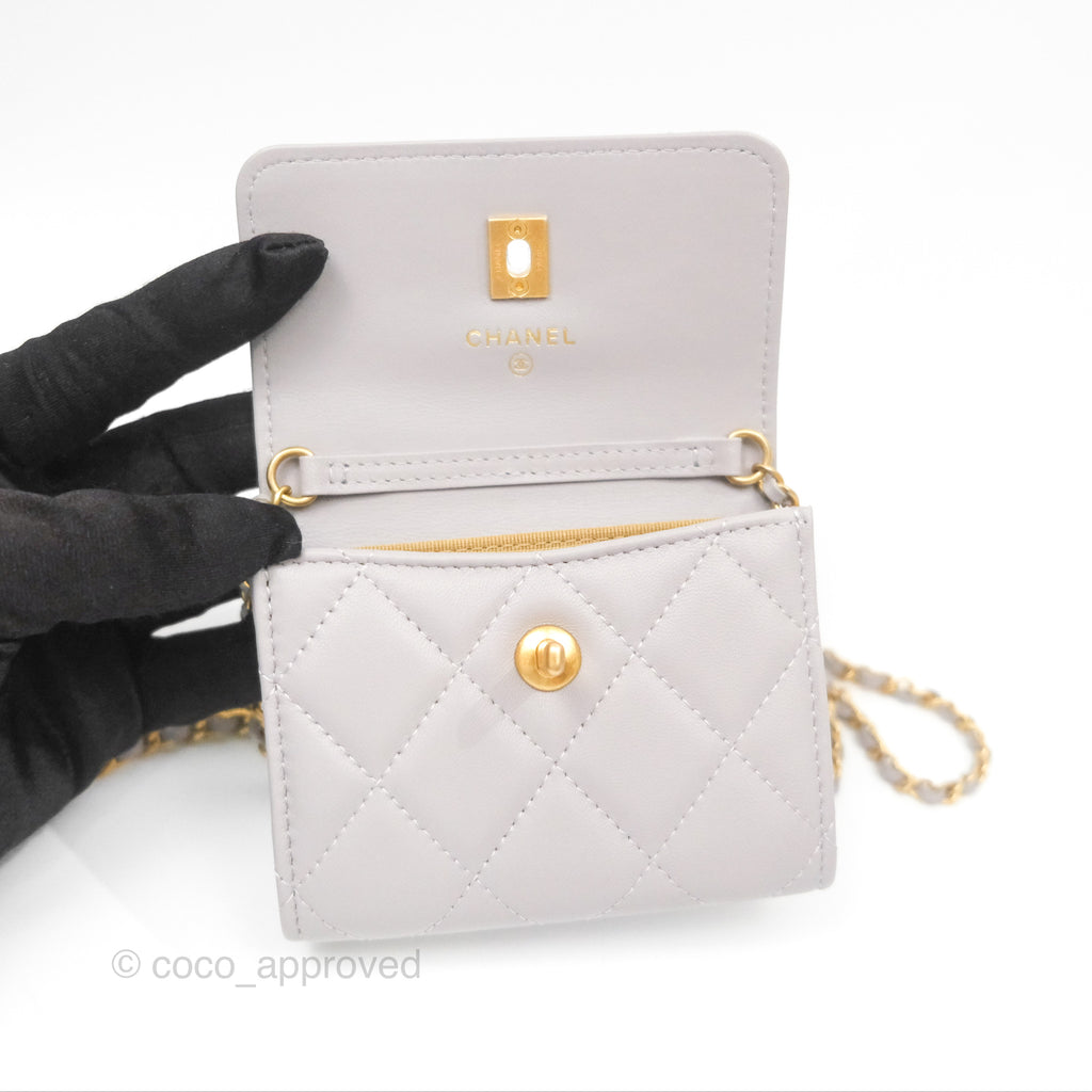 Chanel Pearl Crush Mini Wallet With Chain Grey Lambskin Aged Gold Hardware