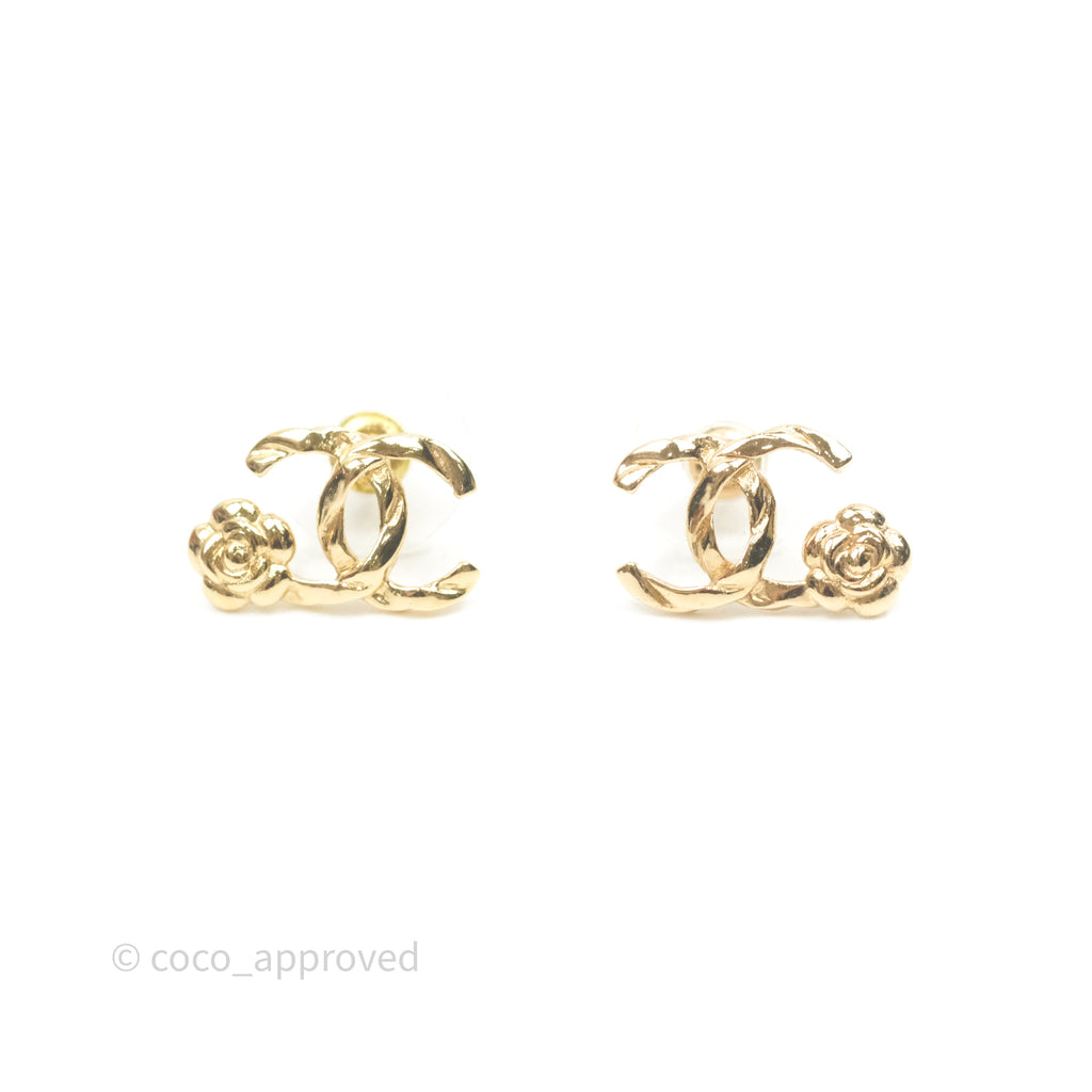 Chanel CC Camellia Earrings Gold Tone 22A