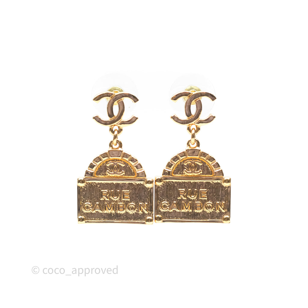 Chanel Rue Cambon CC Drop Earrings Gold Tone 22A