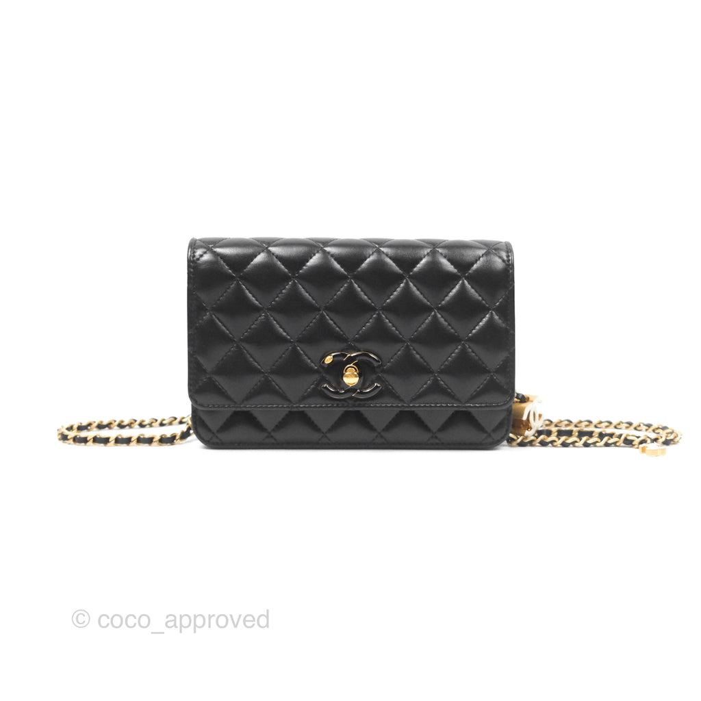 Chanel Quilted WOC Adjustable Chain Black Shiny Lambskin Aged Gold Hardware