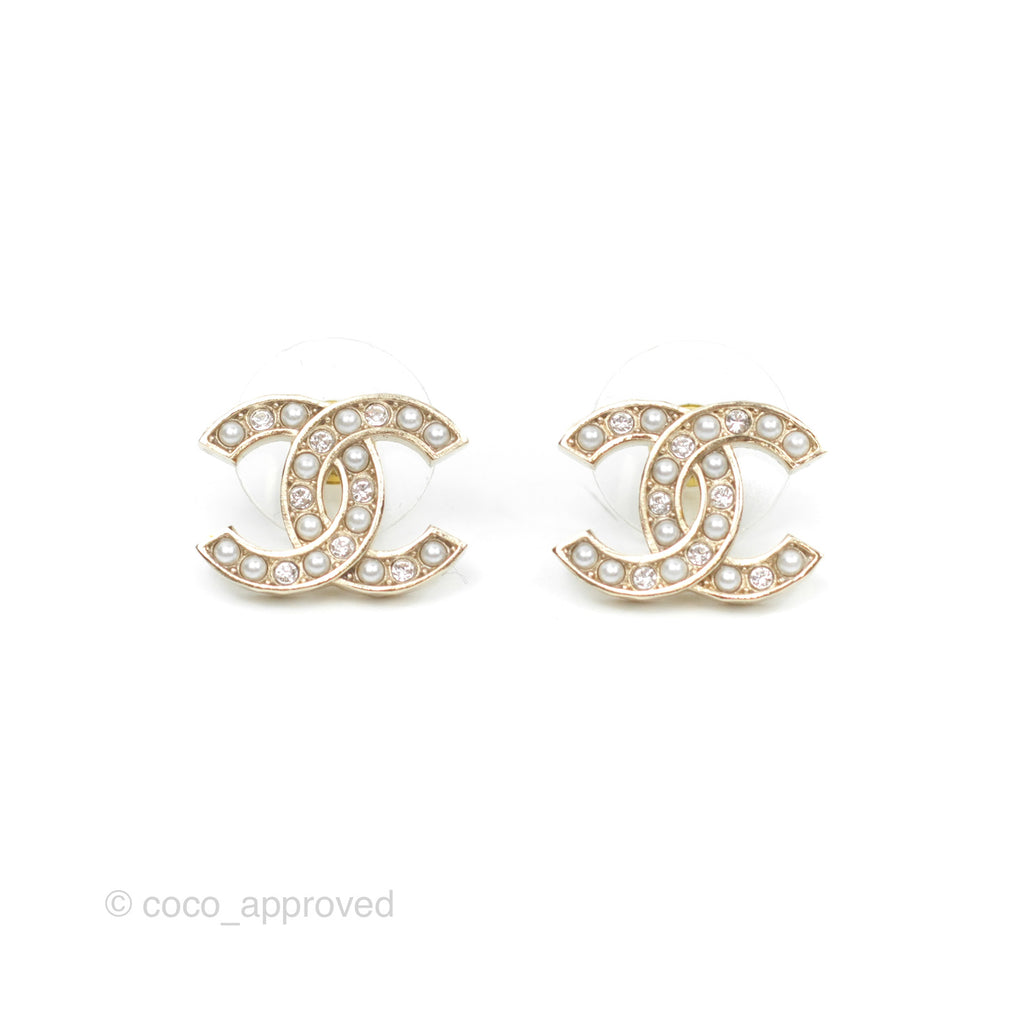 Chanel Crystal Pearl CC Earrings Gold Tone 23B