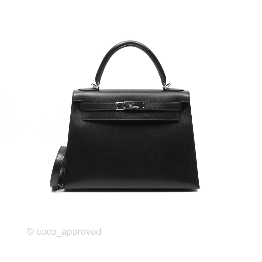 Hermès Vintage Kelly 28 Sellier Noir 89 Courchevel Palladium Hardware