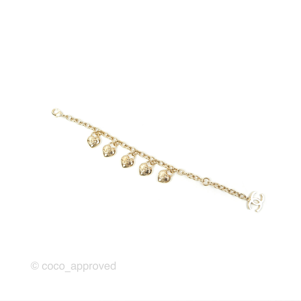 Chanel CC Heart Padlock Charms Chain Bracelet Gold Tone 22B