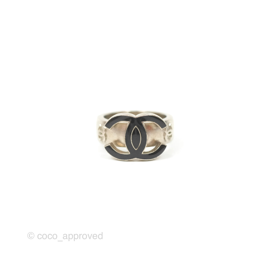 Chanel Black CC Ring Brushed Silver Tone 08A