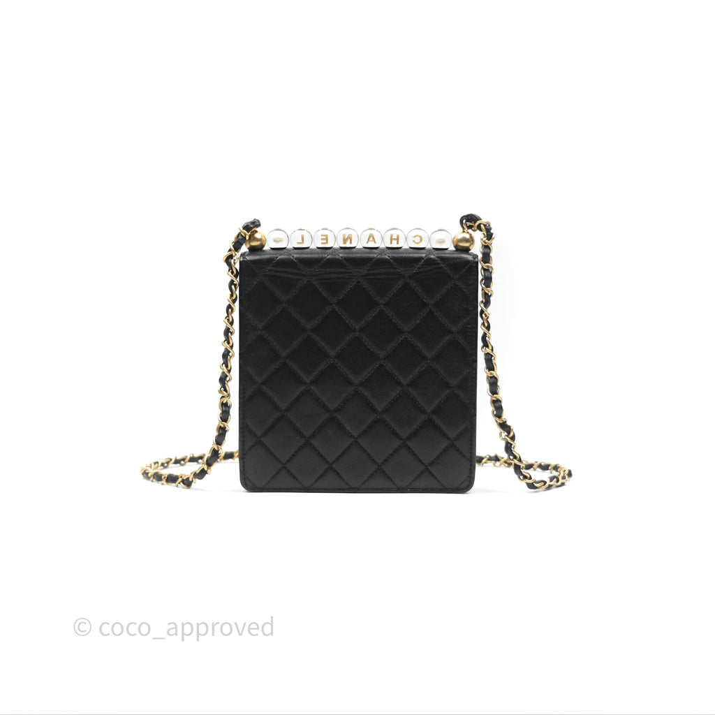 Chanel Quilted Chic Logo Pearls Flap Black Goatskin Aged Gold Hardware