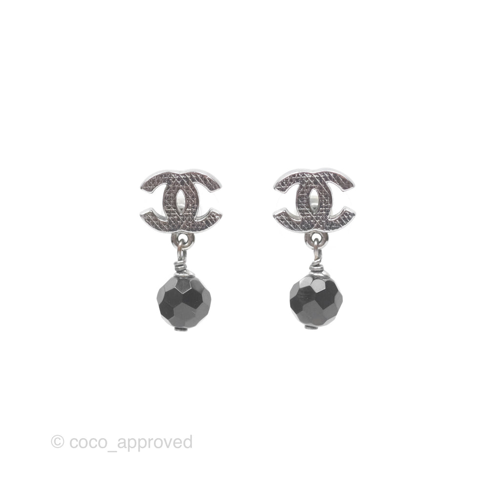 Chanel CC Black Bead Drop Earrings Dark Silver 10V