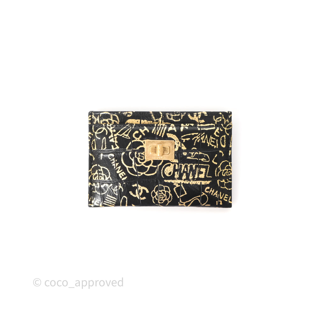 Chanel Graffiti 2.55 Reissue Flat Card Holder Black/ Gold Crocodile Embossed