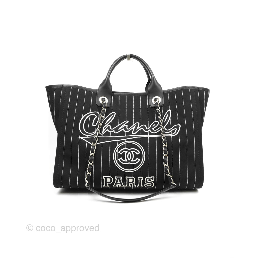 Chanel Large Deauville Black White Striped Canvas Aged Silver Hardware 23S