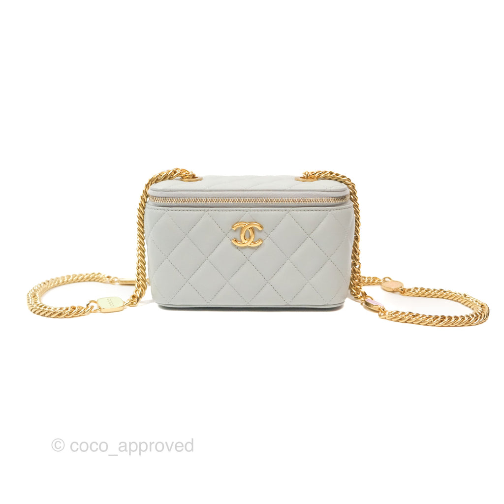 Chanel Quilted Vanity Rectangular with Chain Grey Blue Lambskin Gold Hardware