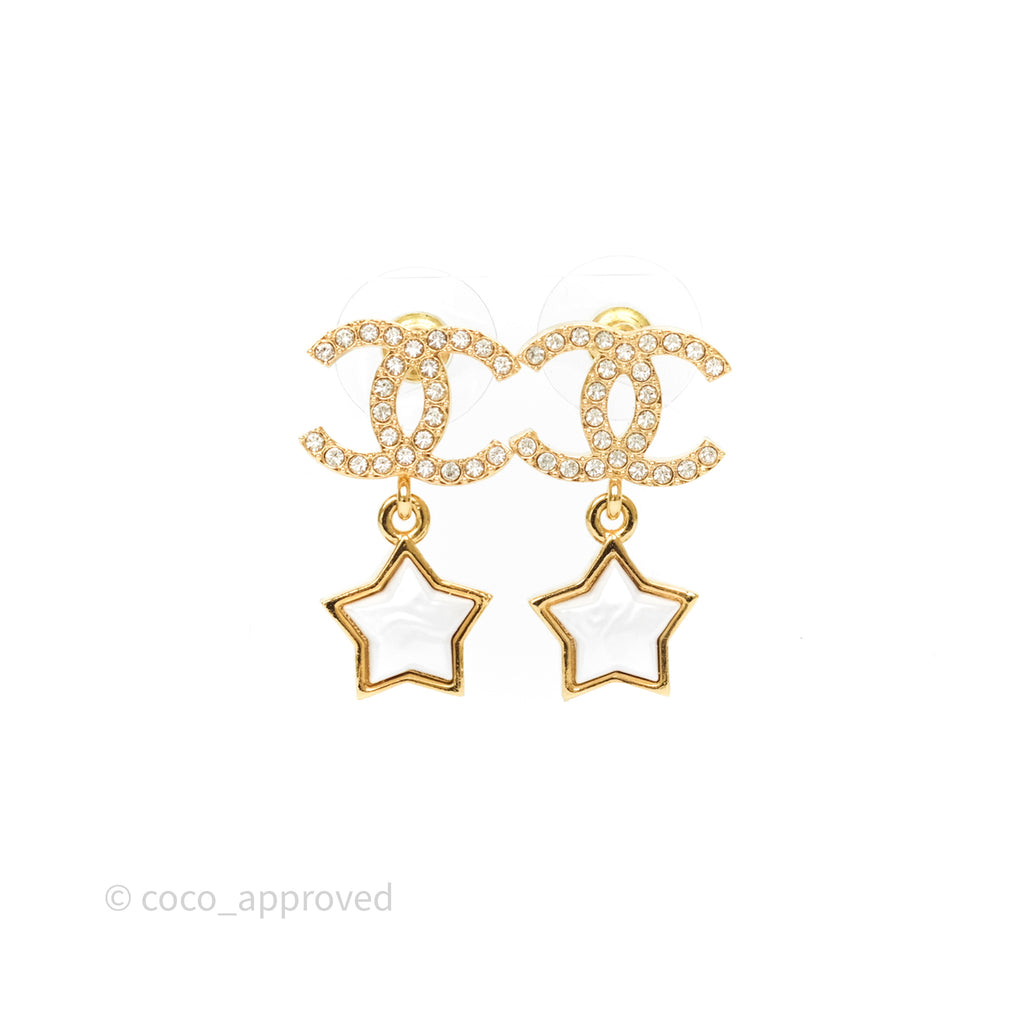 Chanel Crystal CC Star Drop Earrings Gold Tone 24C