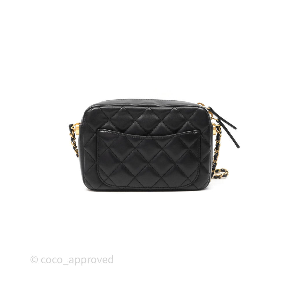 Chanel Quilted CC Pearl Crush Camera Case Black Lambskin Gold Hardware