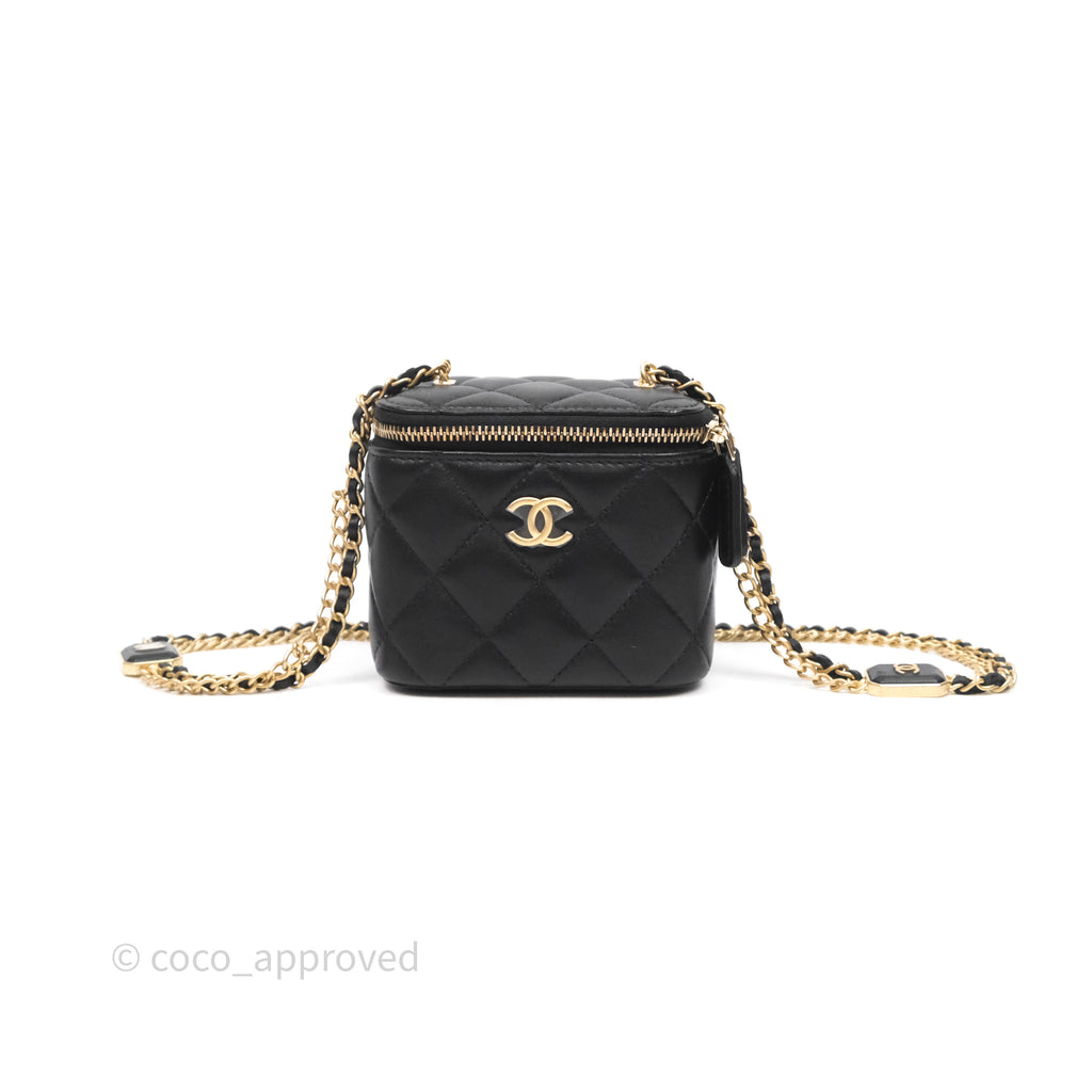 Chanel Mini Vanity With Double Chain Black Lambskin Aged Gold Hardware