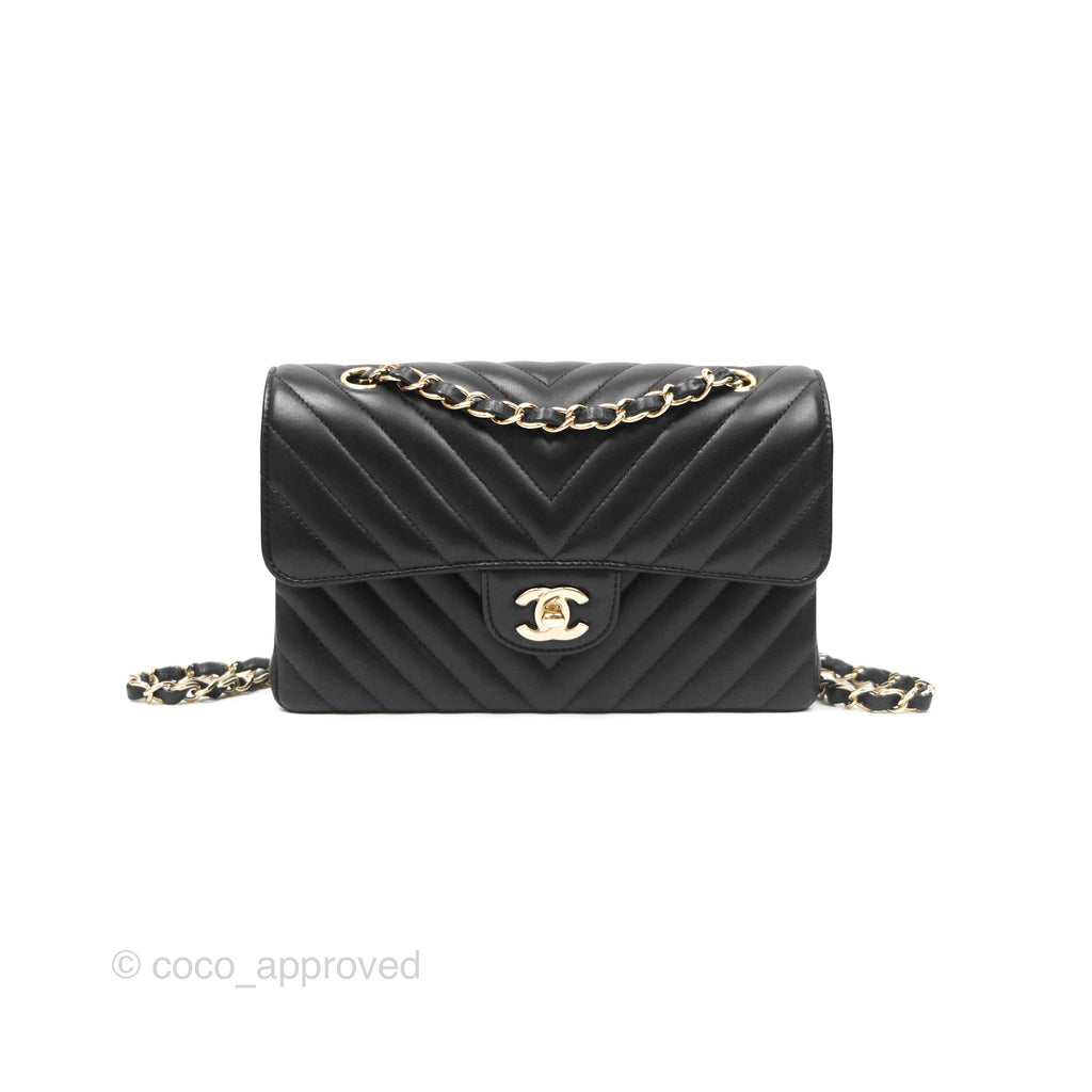 Chanel Small Classic Chevron Flap Black Lambskin Gold Hardware