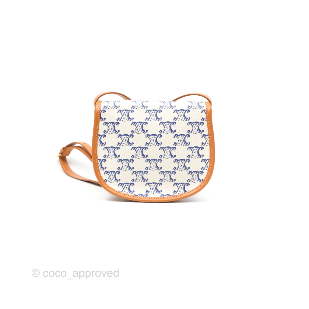 Celine Mini Besace with Triomphe Embroidery Calfskin in White/ Blue