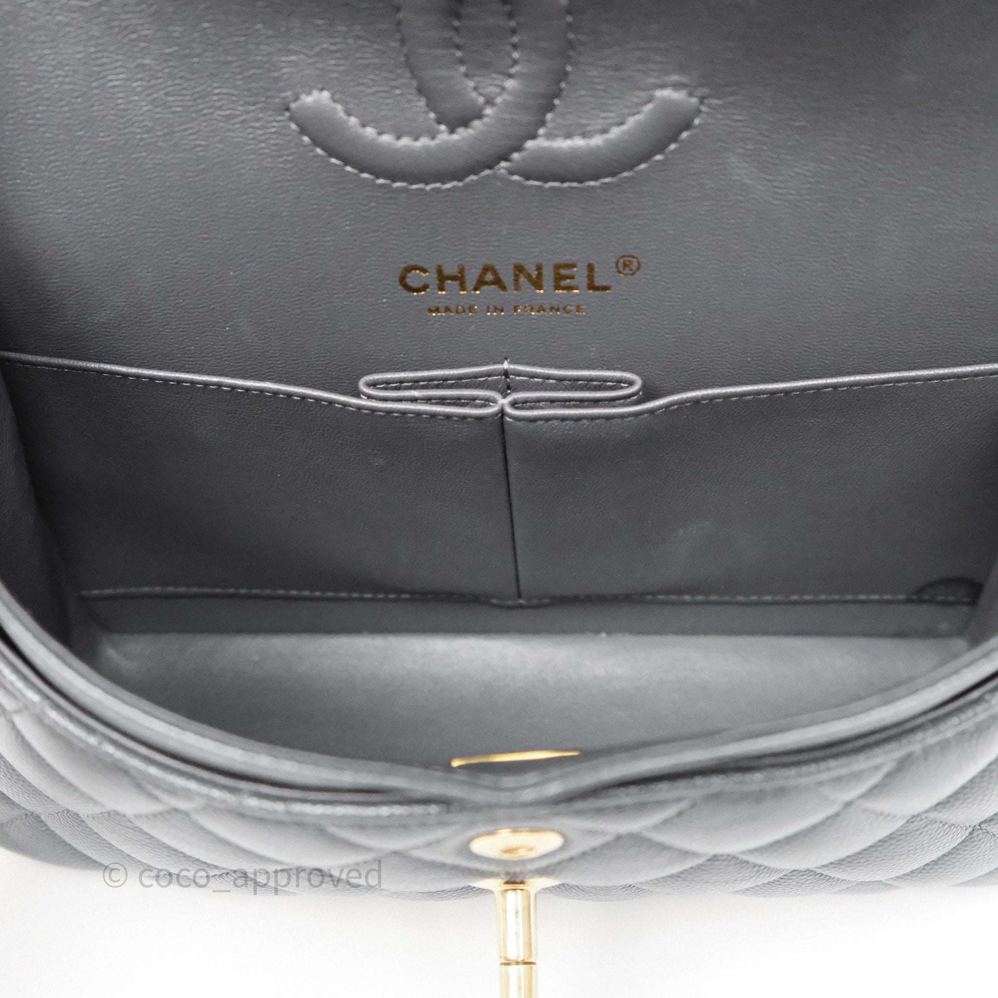 Chanel Small Classic Flap Quilted Dark Grey Caviar Gold Hardware