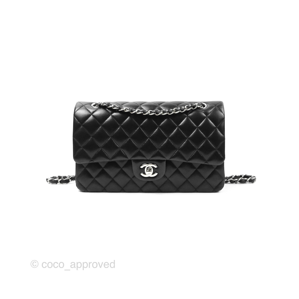 Chanel Classic M/L Medium Flap Quilted Black Lambskin Silver Hardware