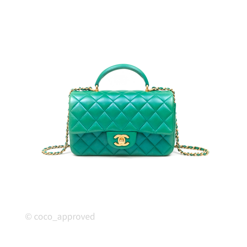 Chanel Top Handle Mini Rectangular Flap Bag Iridescent Green Lambskin Aged Gold Hardware