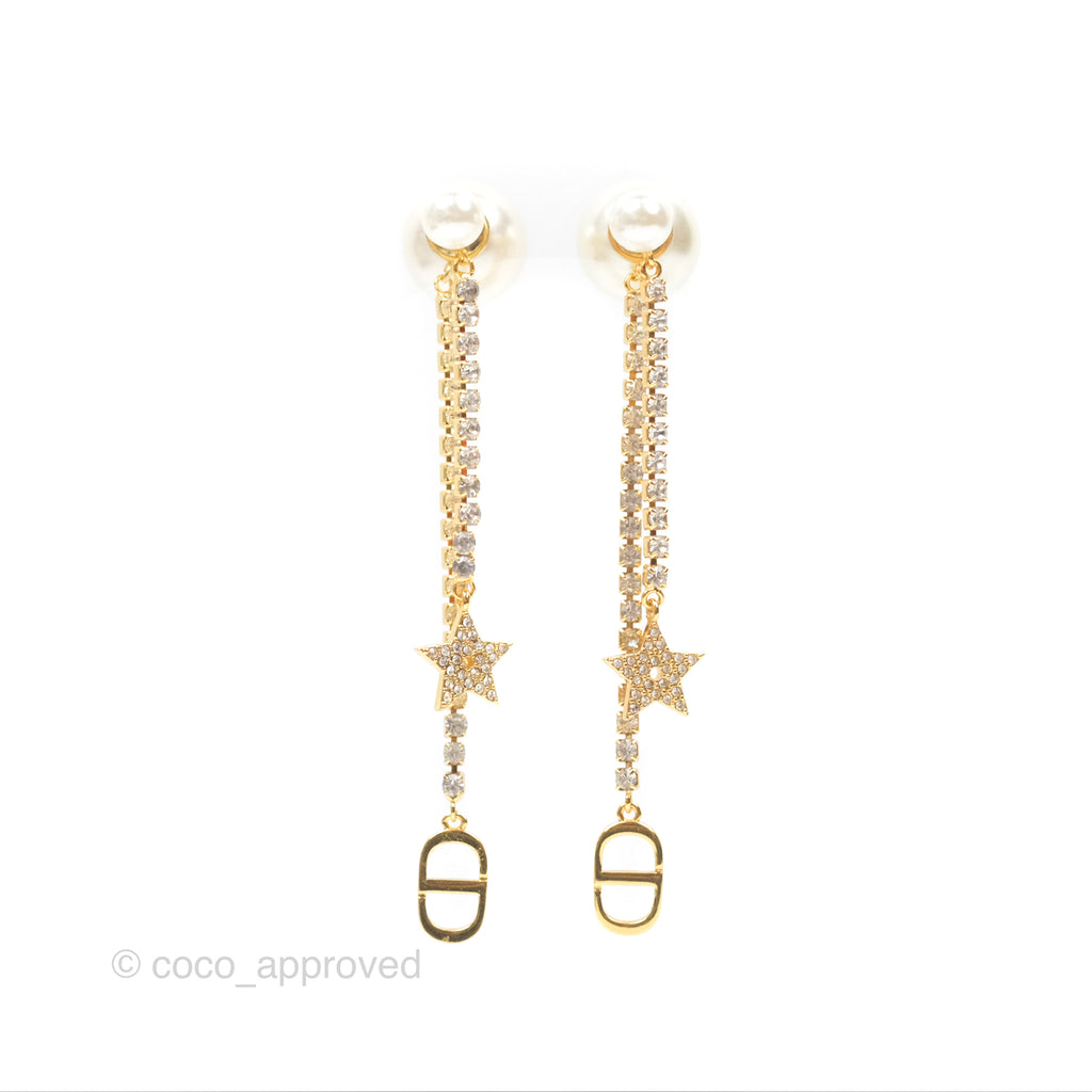 Christian Dior Pearl Crystal Star Tribales Earrings Gold Tone