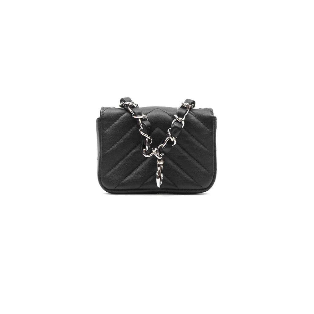 Chanel Mini Card Holder Chain Belt Bag Chevron Black Calfskin Silver Hardware